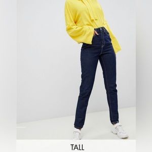 Noisy May Tall dark wash contrast stitch mom jean